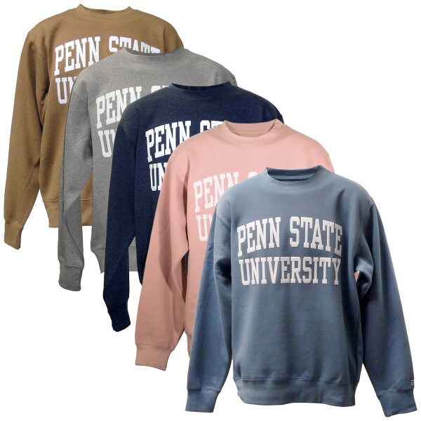 long sleeve brown, graphite, navy, pink, and saltwater blue crew neck sweatshirts with stitched felt Penn State University